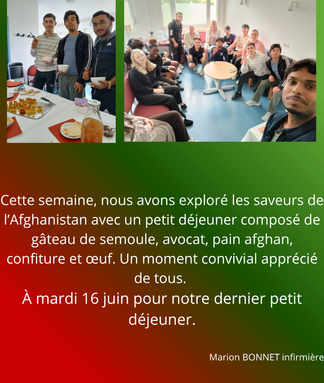 Cette semaine nous sommes allé voyager en afghanistan pour découvrir le petit dejeuner. Gateau semoule, avocat, pain afghan, confiture et oeuf. Encore un moment convivial que nous avons pu profite.png